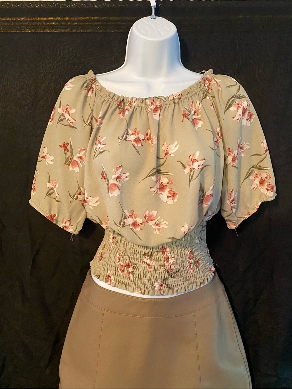 Paper Crane Sage Green Floral Smocked Off-Shoulder Crop Top
